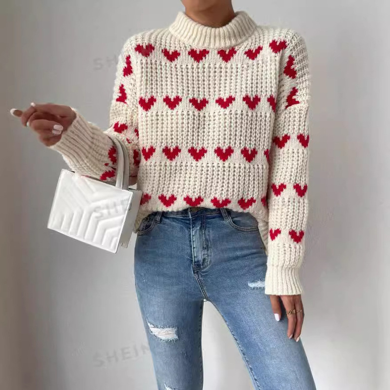 Cross-border European and American New Loose Love Jacquard Sweater Fashion Trendy Turtleneck Crewneck Long Sleeve Knitted Top Women's Clothing Cross-border European and American New Loose Love Jacquard Sweater Fashion Trendy Turtleneck Crewneck Long Sleeve Knitted Top Women's Clothing
