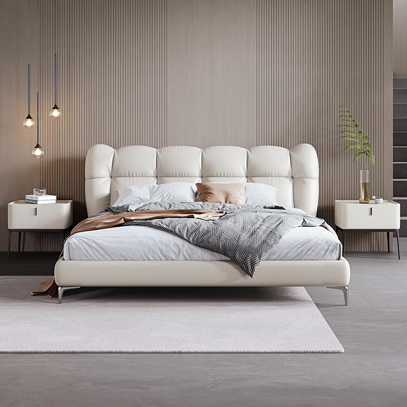 Italiano minimalista cama de cuero genuino moderna cama doble dormitorio principal 1,8 m primera capa de piel de vaca cama suave bolsa de boda cama diseñador