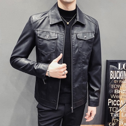 Autumn/Winter New Men's Fleece-Lined Casual Leather Jacket, Men's Motorcyclist Coat, Fitted Korean Style Collar Men's PU Leather Jacket