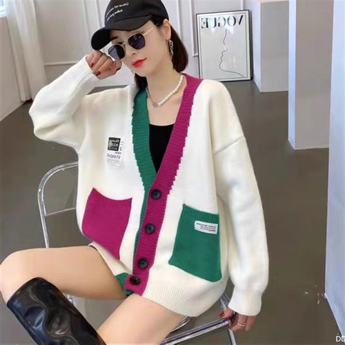 Early Autumn Plus Size Women's Color Block Knit Pocket Fashion Cardigan Loose Slimming Sweatshirt Outerwear