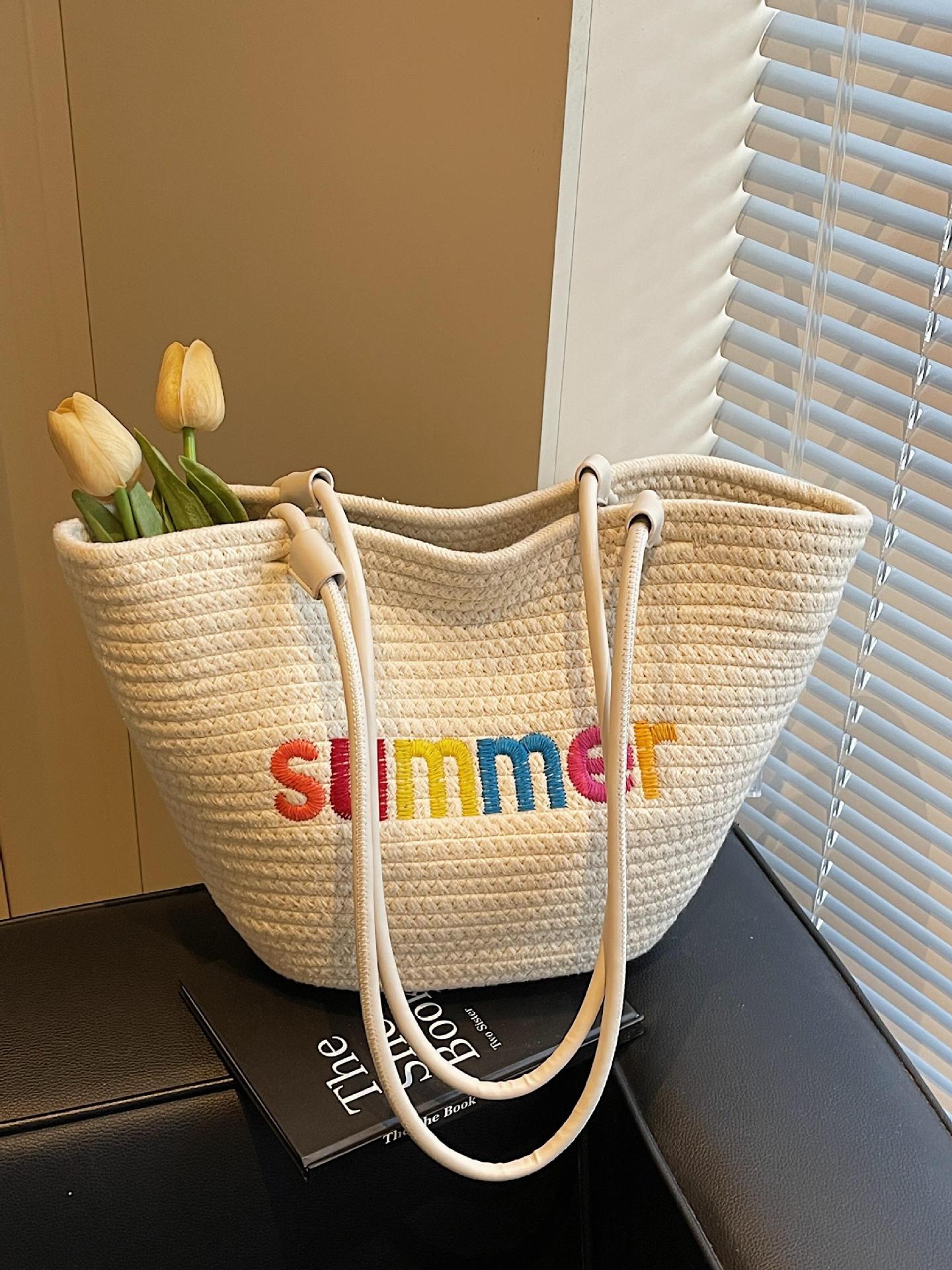 Bolso Tote de Paja Playero, Paja, Diseño Abierto, para Vacaciones y Uso Diario