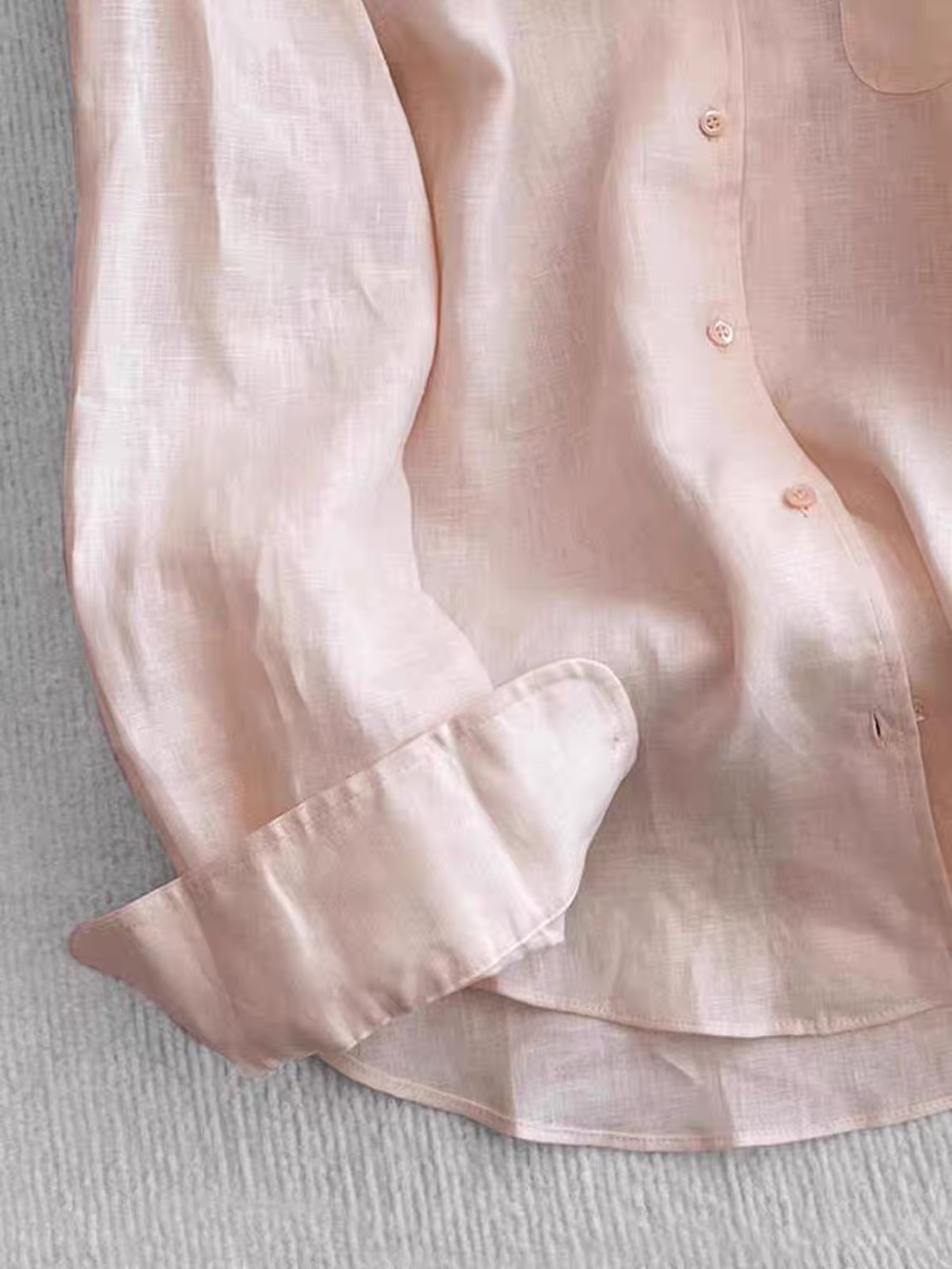 Áo sơ mi nữ linen dài tay thoáng khí chống nắng xuân hè — Mật đào bột