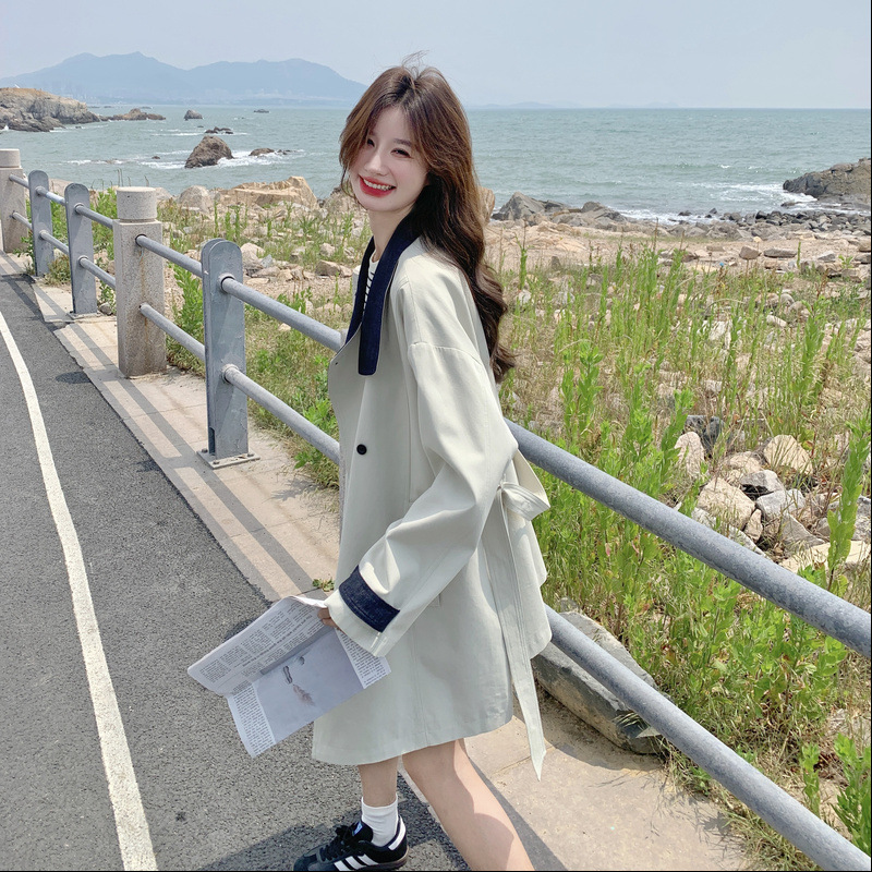 韩版撞色风衣女秋季中长款设计感小众2025新款气质休闲减龄外套潮|undefined