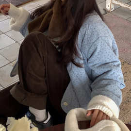 韩国女装高货简约可爱 减龄小碎花两面穿毛毛保暖棉衣短外套