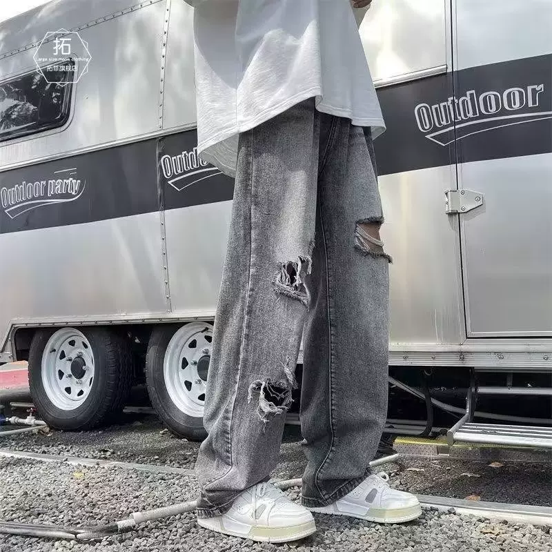 欧美vibe风破洞牛仔裤男痞帅直筒长裤春夏季美式高街ins复古裤子