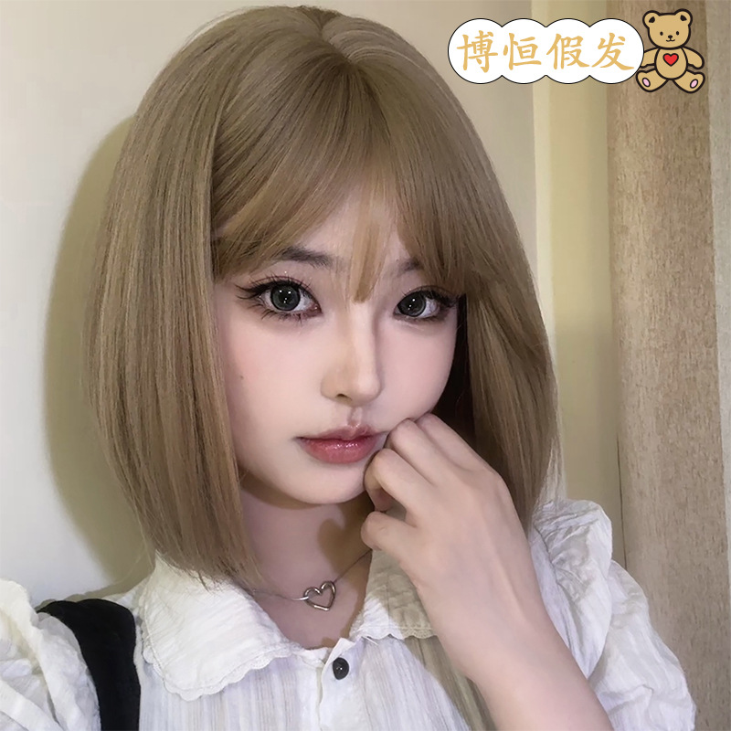 Short Bob Wig for Women, Full Headpiece, Realistic Breathable Short Straight Hair Wig with Full Bangs, Makes Face Look Smaller
