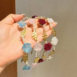 法式珍珠合金玫瑰花发箍女网红高级感头饰超仙外出高级百搭头箍