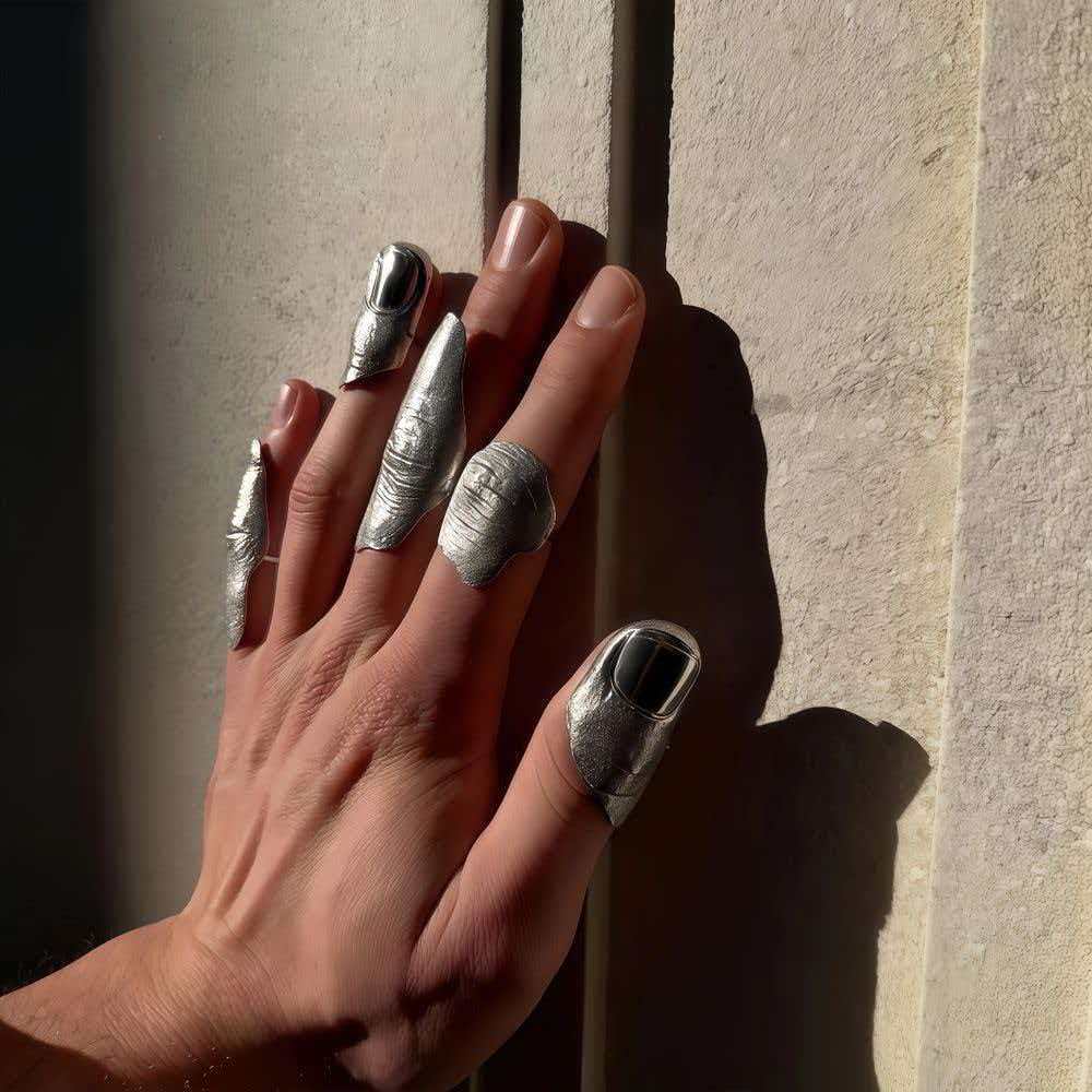 Hot-Selling Artistic Irregular Texture Joint Rings, Hip-Hop Style, Niche Full-Finger Silver Design Set