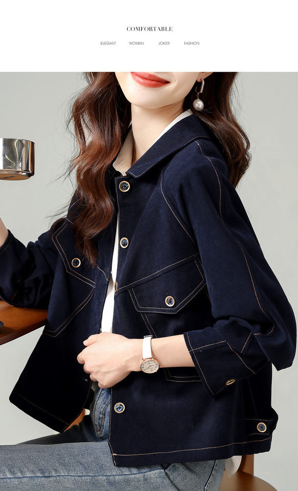 Áo khoác denim ngắn dáng rộng cổ polo cho nữ, dài tay, phong cách giản dị — Áo khoác bò dài tay, Màu nâu (trà nâu), màu xanh chi tiết 26