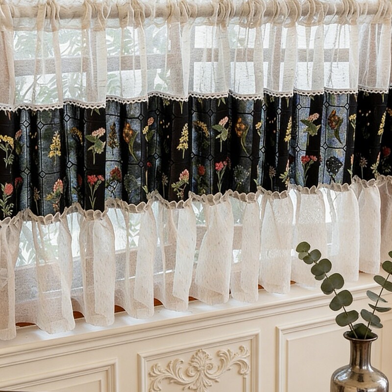French-Style Lace Splicing Sheer Curtain with a Translucent, Fresh Feel, Hand-Embroidered Splicing Door Curtain, Rod-Style Short Curtain, Cross-Border