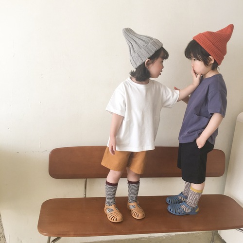  new summer Korean style casual boys and girls pocket short-sleeved T-shirt solid color casual baby T-shirt loose