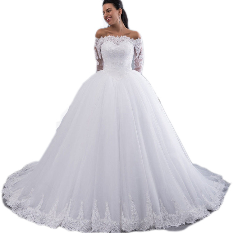 Vestidos de novia europeos y americanos 2026, nuevo estilo, con hombros descubiertos, manga larga, diseño ceñido a la cintura, encaje elegante y adelgazante con cola larga.
