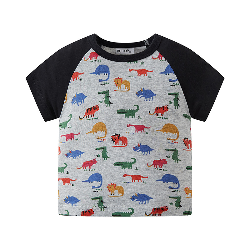 Muestra personalizada 2025 nueva ropa infantil de cuello redondo dibujos animados impresos dinosaurios niños manga de verano algodón delgado