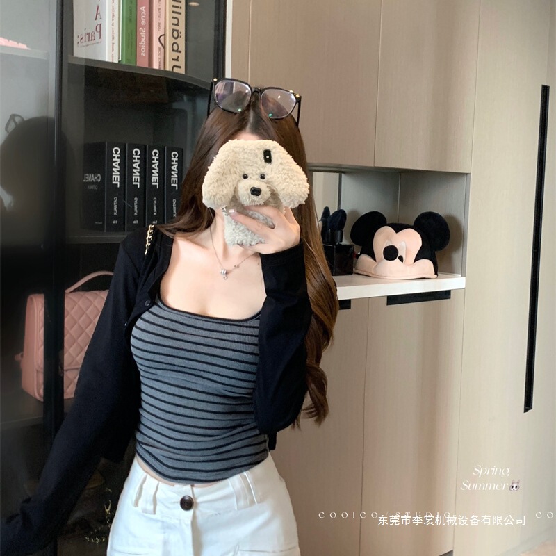慵懒复古黑色长袖开衫外套女秋季套装修身条纹吊带背心上衣两件套|undefined