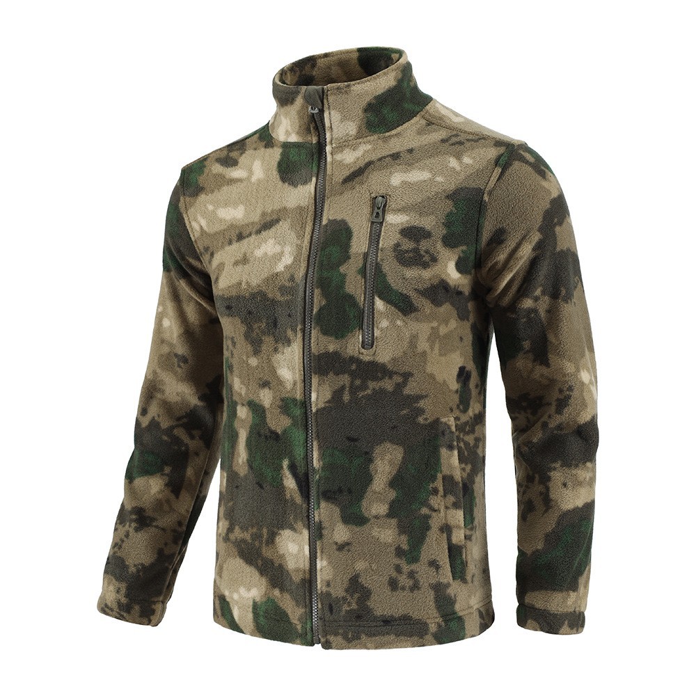 Outdoor Camouflage Stand-Up Collar Fleece Jacket, Warm Mountaineering Sports Double-Sided Polar Fleece Cardigan Jacket Liner Tactical