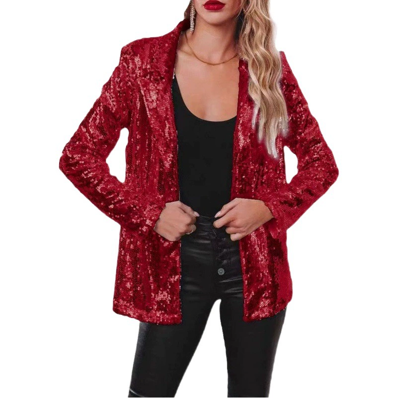 Маленький костюм Европа и Америка Amazon Cross-Border Новый пригородный стиль Кардиган с лацканами с длинным рукавом и пайетками Повседневный костюм Куртка для женщин