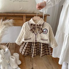 女童三件套2025秋季新款长袖衬衫针织开衫格子裙JK学院风套装