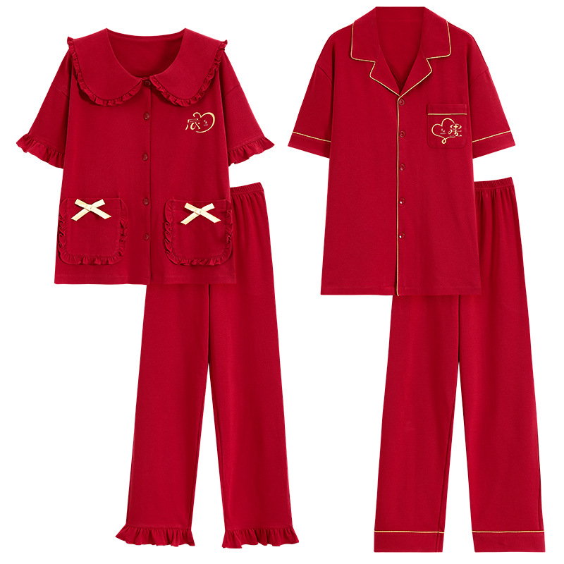 [Antibacteriano] pijamas para hombres primavera y otoño algodón de manga corta pareja ropa de boda de verano rojo damas servicio a domicilio