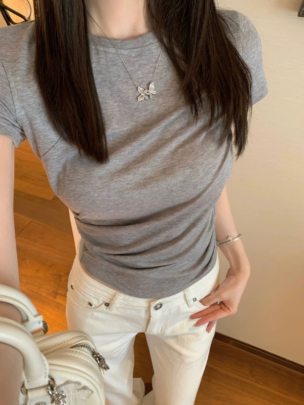e go studo テンセルウールニット不規則プリーツ Tシャツレディース夏デザインニッチ半袖トップ|undefined