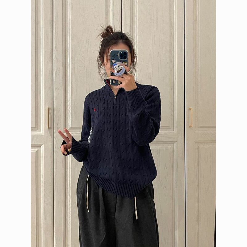 麻花刺绣半拉链毛衣女2025春秋冬小众软糯高级感针织衫慵懒风上衣|undefined
