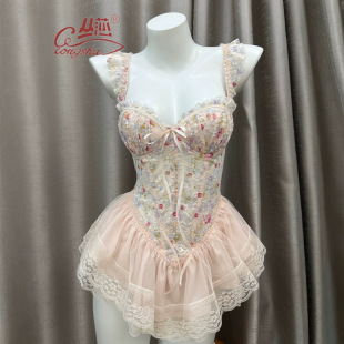 Cong Sha New Pure Desire Floral Printing and Dyeing Sweet Fishbone Bra with Chest Pad Waist Slimming Sexy Short Skirt