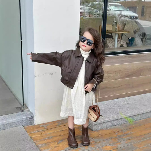 Children's leather jacket 2025 spring new small and medium children's denim jacket for girls short-sleeved leather outerwear trendy