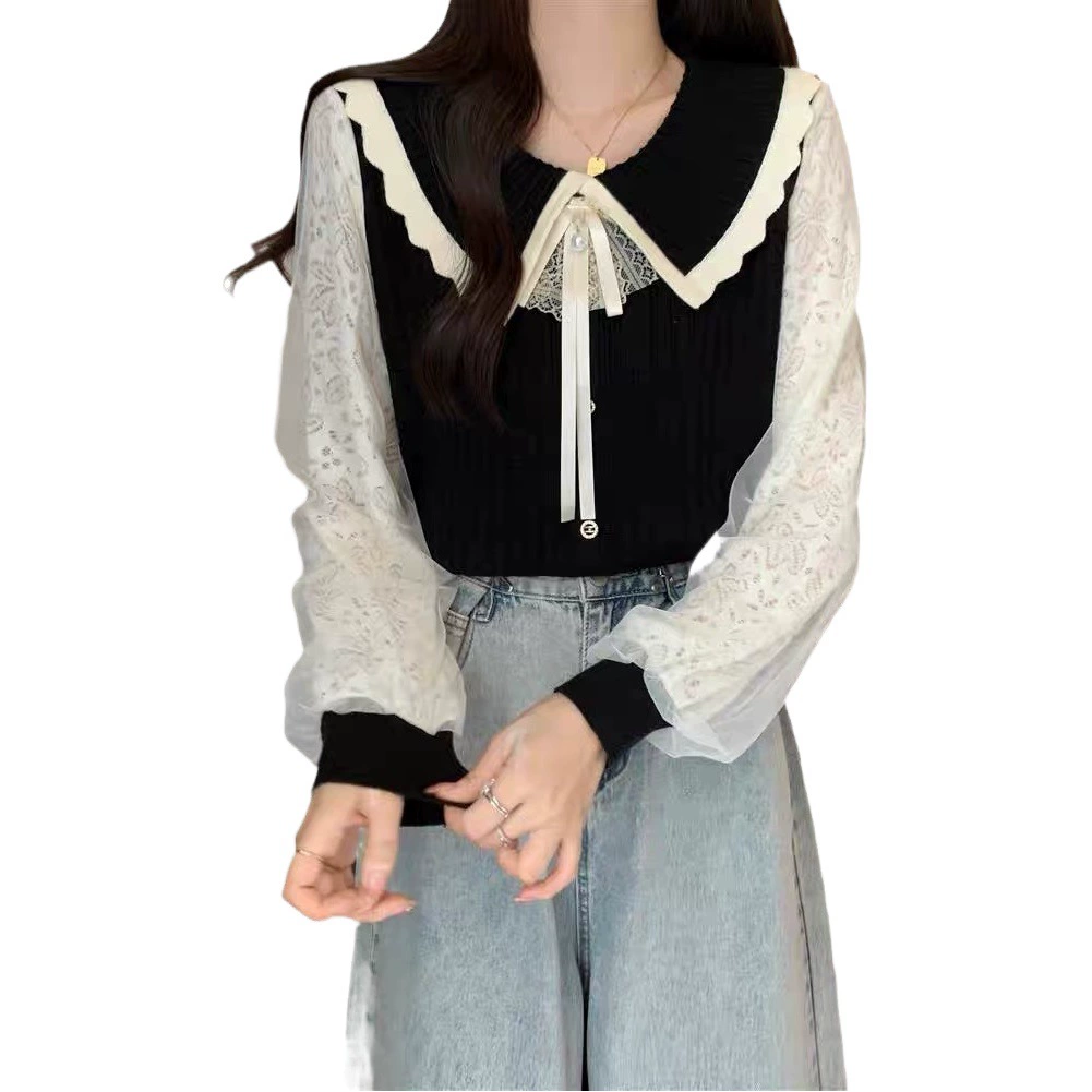 Пуловер контрастного цвета с воротником для куклы, кружевной Отстроченный свитер из двух искусственных частей с длинными рукавами, Женский Осенний Приталенный топ, уменьшающий возраст