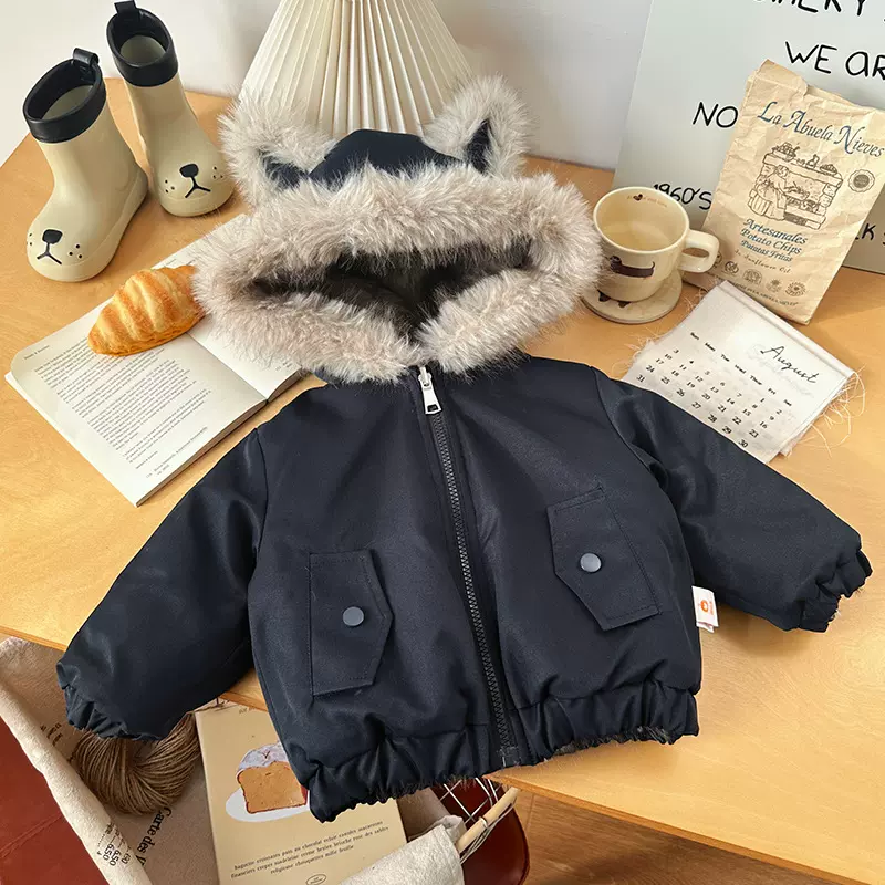 DW255571儿童加绒棉服2025冬季新款连帽毛茸茸卡通动物男童厚棉袄