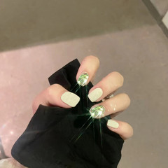 B415 Sea Green Emerald Short Handmade Wearable Nail Light Therapy Nail Art Completion False Nail Nail Sheet, Custom Made to Image, Shipped for You