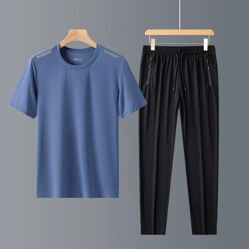 Спортивный костюм, Мужская Новая Летняя Повседневная Свободная быстросохнущая футболка с короткими рукавами, длинные брюки из ледяного шелка, тонкая одежда для бега