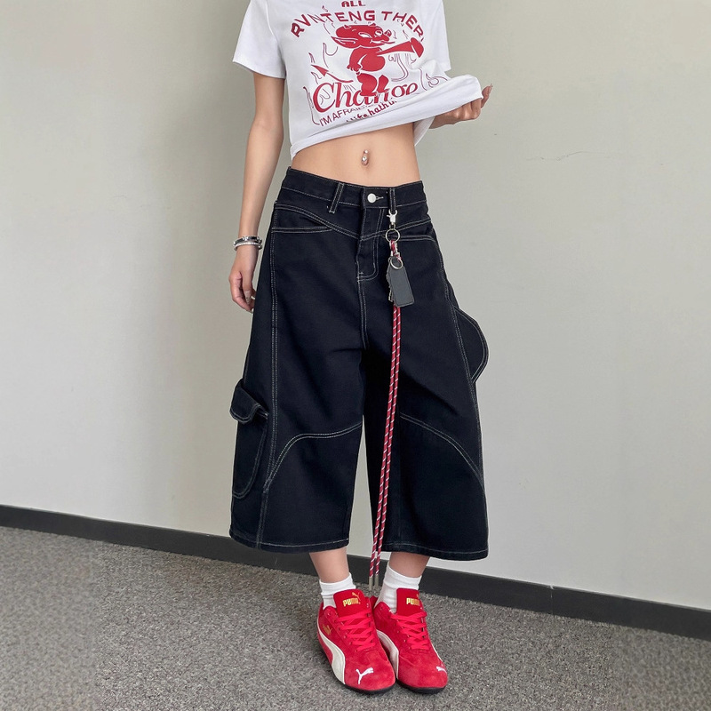 Deconstructed Visible-Stitching Men's Denim Shorts, Summer American-Style Loose Straight Shorts, Trendy Brand, Cool and Stylish with Large Pockets