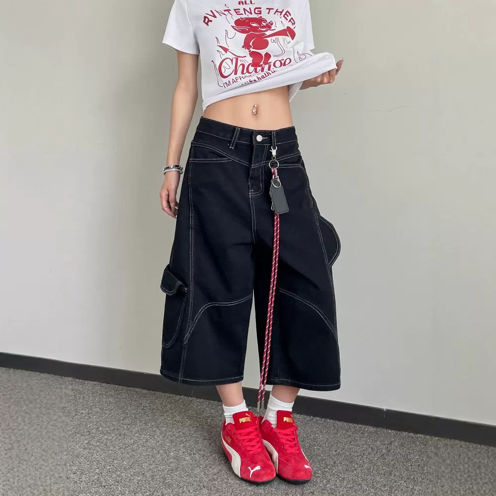 解构明线七分牛仔裤男款夏季美式宽松直筒短裤潮牌痞帅大口袋裤子