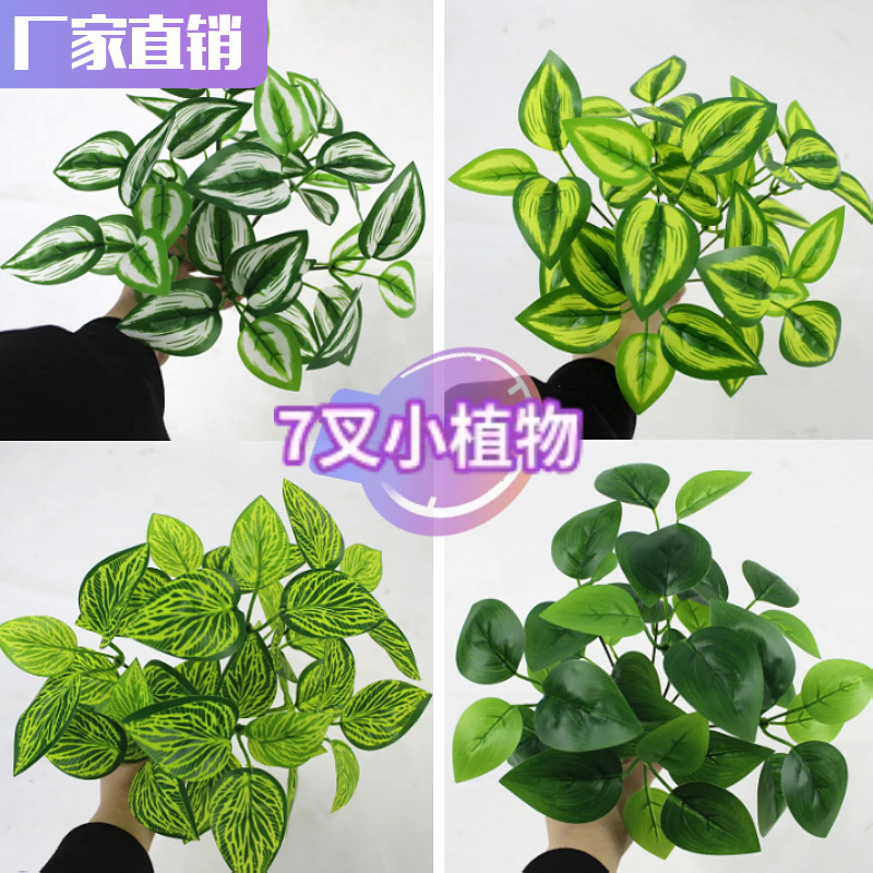 Manufacturer of Artificial 7-Branch Small Plant Ornaments, Fake Green Plant Decorations, Plastic Plants, Fake Flower Bunches, Leaves Wholesale for Landscaping