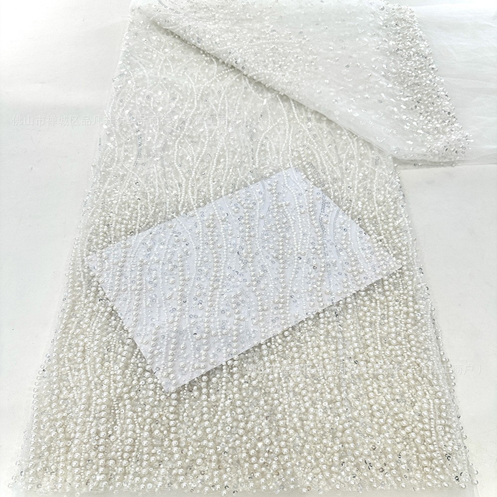 Tejido de bordado de malla de alta fijación vestido de boda tela de moda tamaño de perla serie de fabricantes en stock image 3