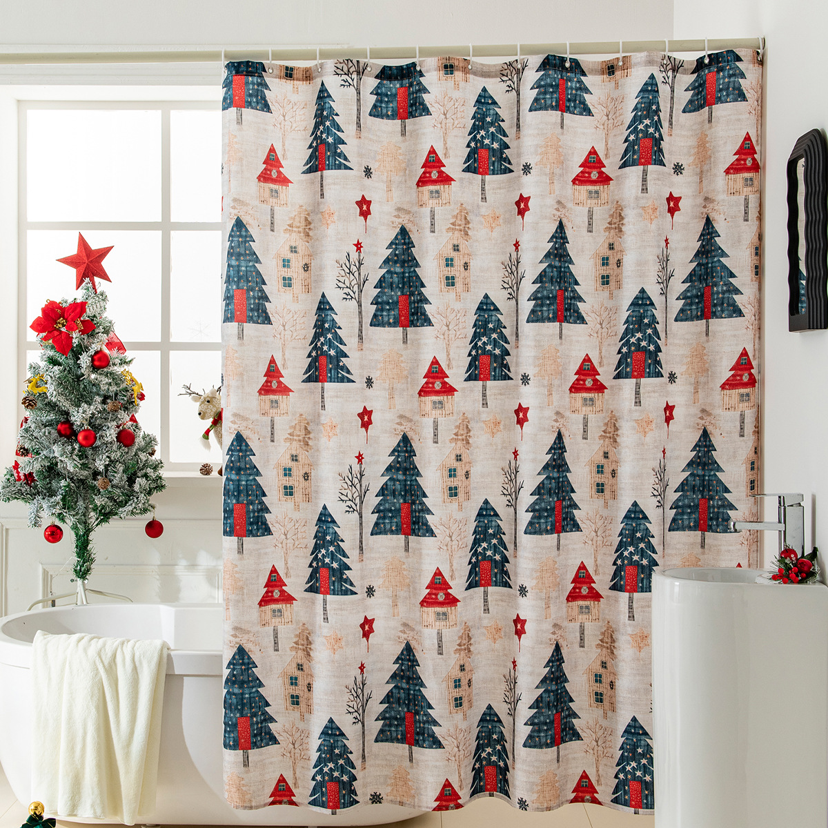 Cross-border Christmas Shower Curtain Digital Printing Shower Curtain Waterproof Mildew-proof Bathroom Curtain Bathroom Partition Curtain Holiday