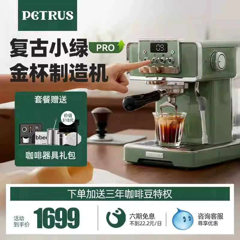 Petrus/柏翠 PE3828GR эспрессо-кофемашина для дома, компактная полуавтоматическая кофемашина для зерен, всё-в-одном, ретро PRO