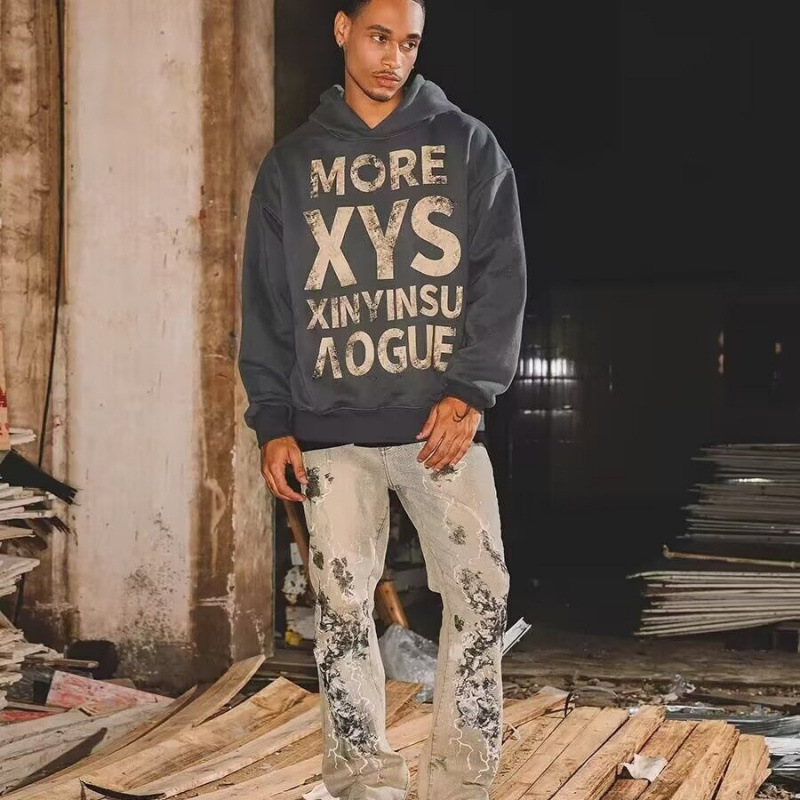 Amerikanische Micro-Pull-Jeans für Herren, bestickt, gerader Schnitt, trendige Marke, High Street, Graffiti-Trend, Retro-Freizeithose, Herren-Persönlichkeitstrend_voghion.com