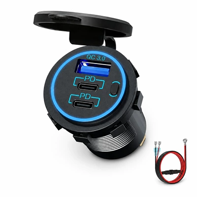 Mobil şarj cihazları charger with waterproof cover, vehicle - cc134-blue-60cm-fuse-wire-3-ports-physical-buttons-waterproof-coverqcpd30wpd30w