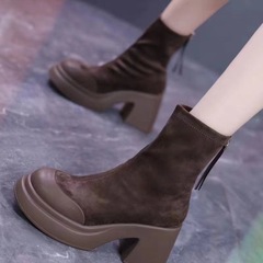 时尚粗跟高跟短靴女2025年秋冬新款厚底增高马丁靴加绒弹力瘦瘦靴