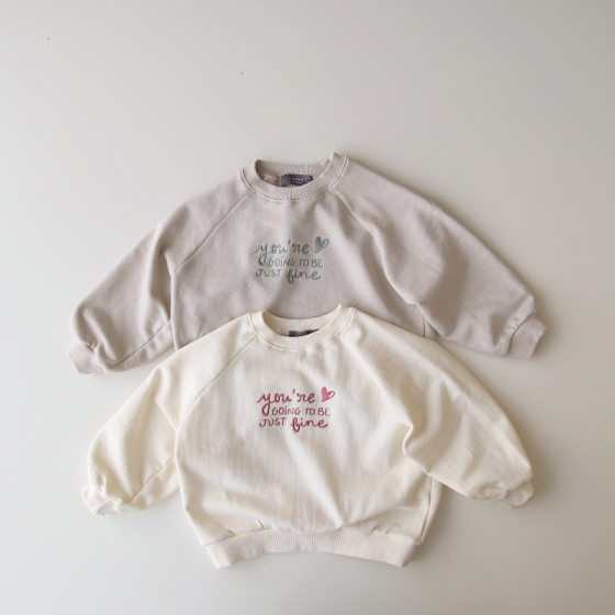 Spring 2024 new top South Korea boys and girls medium and small children long sleeve letter embroidered Western style round neck loose sweater