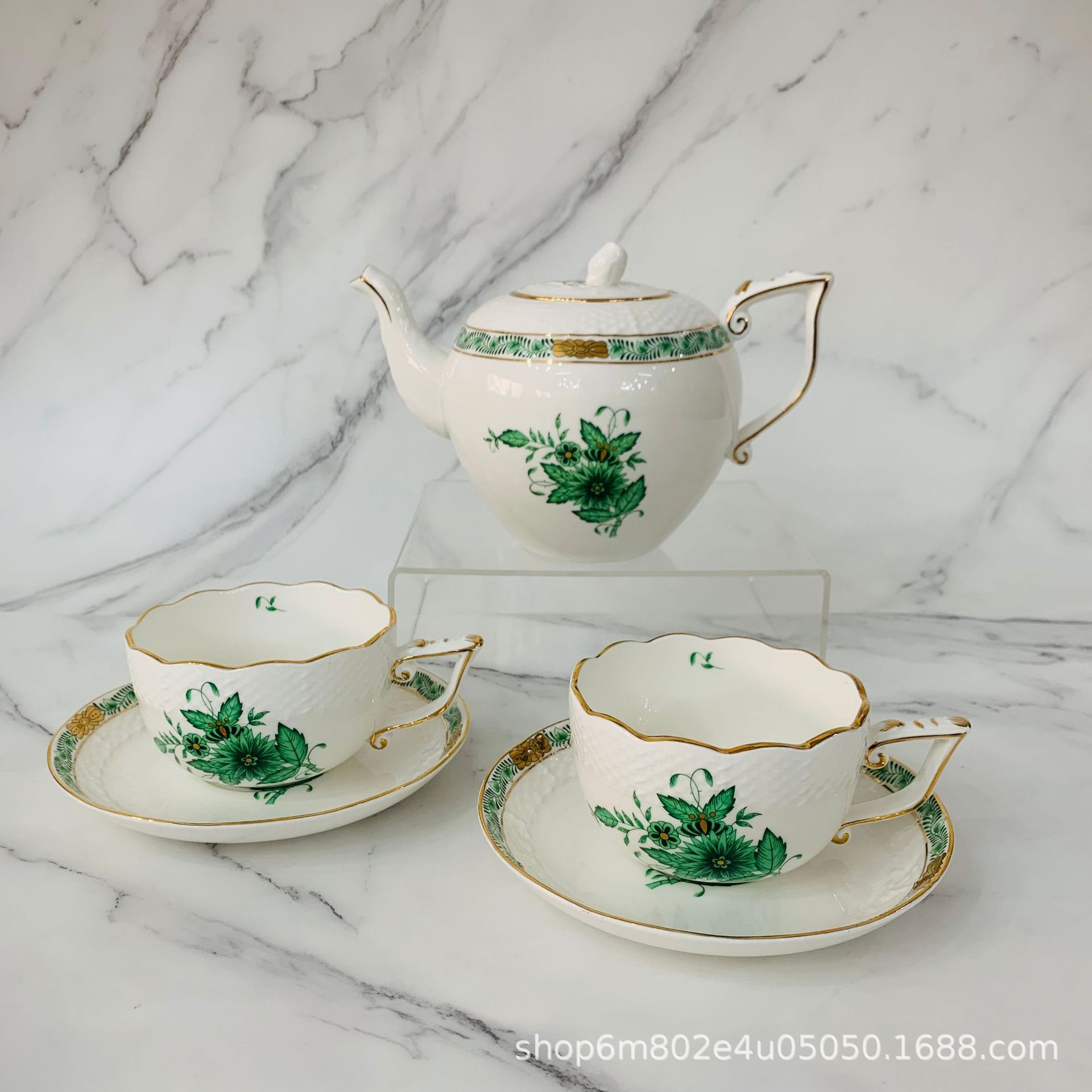 고급 유럽식 럭셔리 그린 리프 짠 질감 금도금 페인트 가정용 접시 커피 컵 접시 주전자 손으로 그린 식기