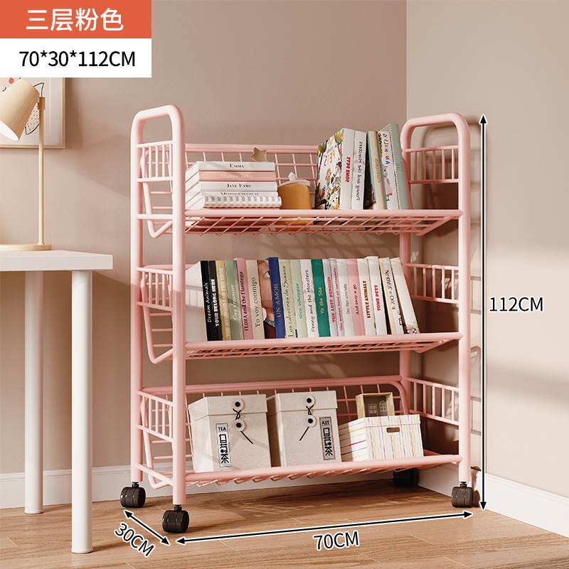 Estante de libros para niños Estante de almacenamiento de hierro forjado contra la pared Estante de almacenamiento de piso Estante de ruedas plegable móvil junto al escritorio