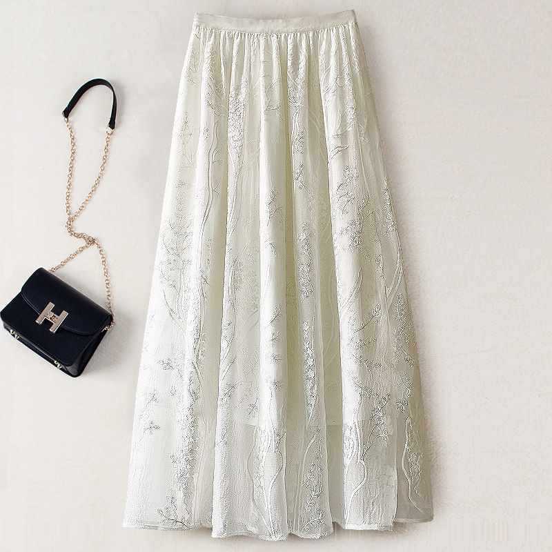 Embroidered Smooth Silk Skirt Spring and Summer New Style Women's Mid-Length Fairy-Like Elegant Mulberry Silk Cool Gauze Skirt