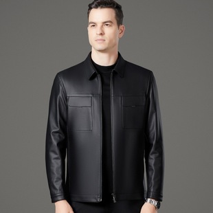 Haining Men's Leather Jacket Sheepskin Lapel Business Casual Leather Jacket Fashion Simple Jacket New