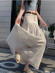 法式蕾絲花邊字半身裙女春夏高腰顯瘦大擺長裙荷葉邊包臀傘裙子