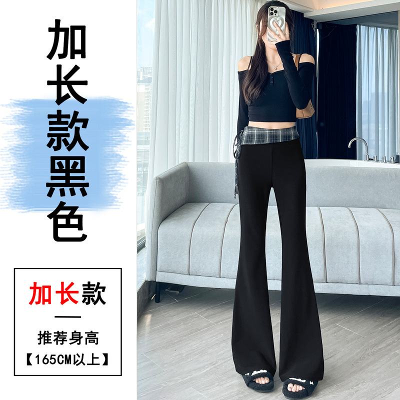 现货秋季新款黑色辣妹高腰显瘦喇叭裤拼接格子修身绑带微喇休闲裤|undefined