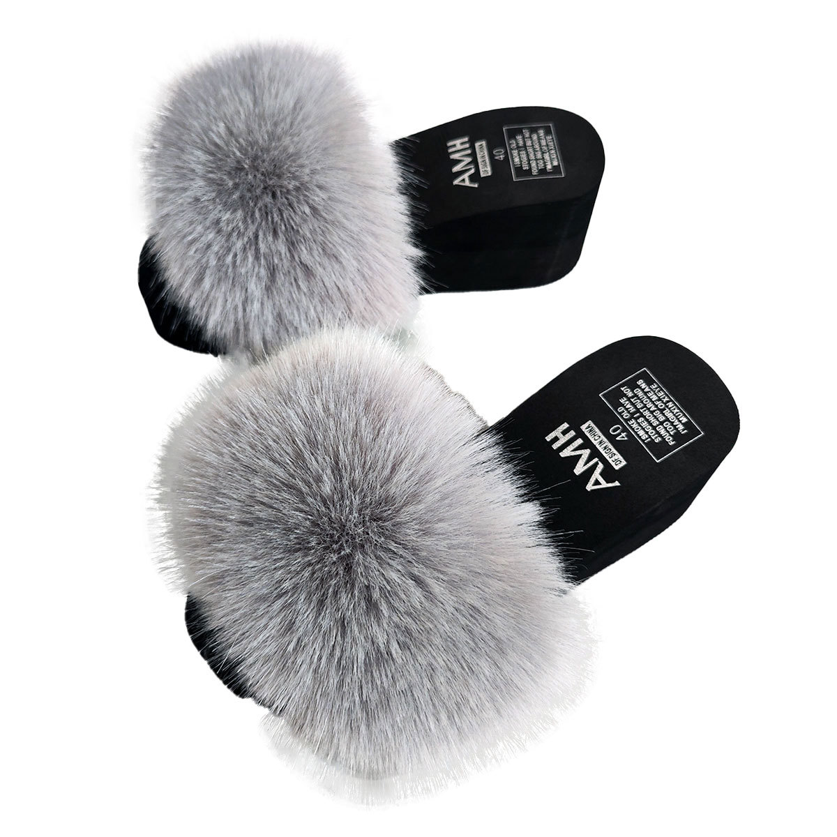 Estilo explosivo, aumento de las celebridades de Internet para el hogar, el mismo estilo, piel de zorro, todo fósforo, antideslizante, zapatillas de una palabra con fondo de bizcocho femenino de moda