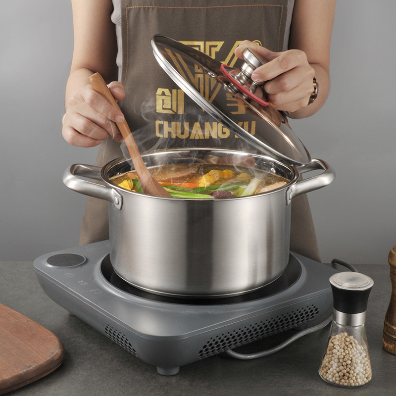 Olla de Sopa de Acero Inoxidable al por Mayor, Olla para Fideos Instantáneos con Doble Asa, Olla para Comida de Bebé, Olla de Gran Capacidad para el Hogar, Olla para Leche Gruesa para Regalo