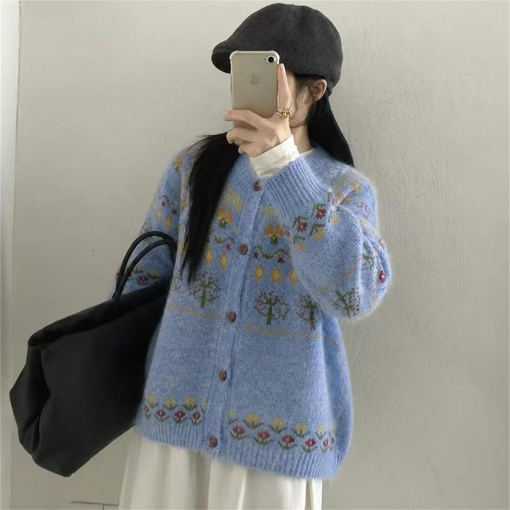 韩系复古氛围感费尔岛毛衣外套女2026新款秋冬季宽松针织开衫上衣