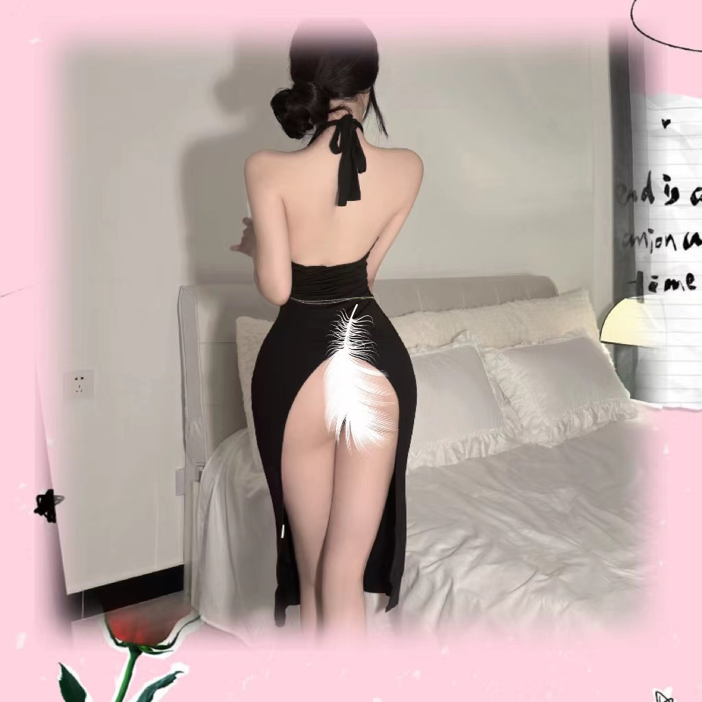 Bridal Cheongsam-Inspired Lingerie Dress with Deep-V Halter Neck and Red Waist Chain — detail image 8